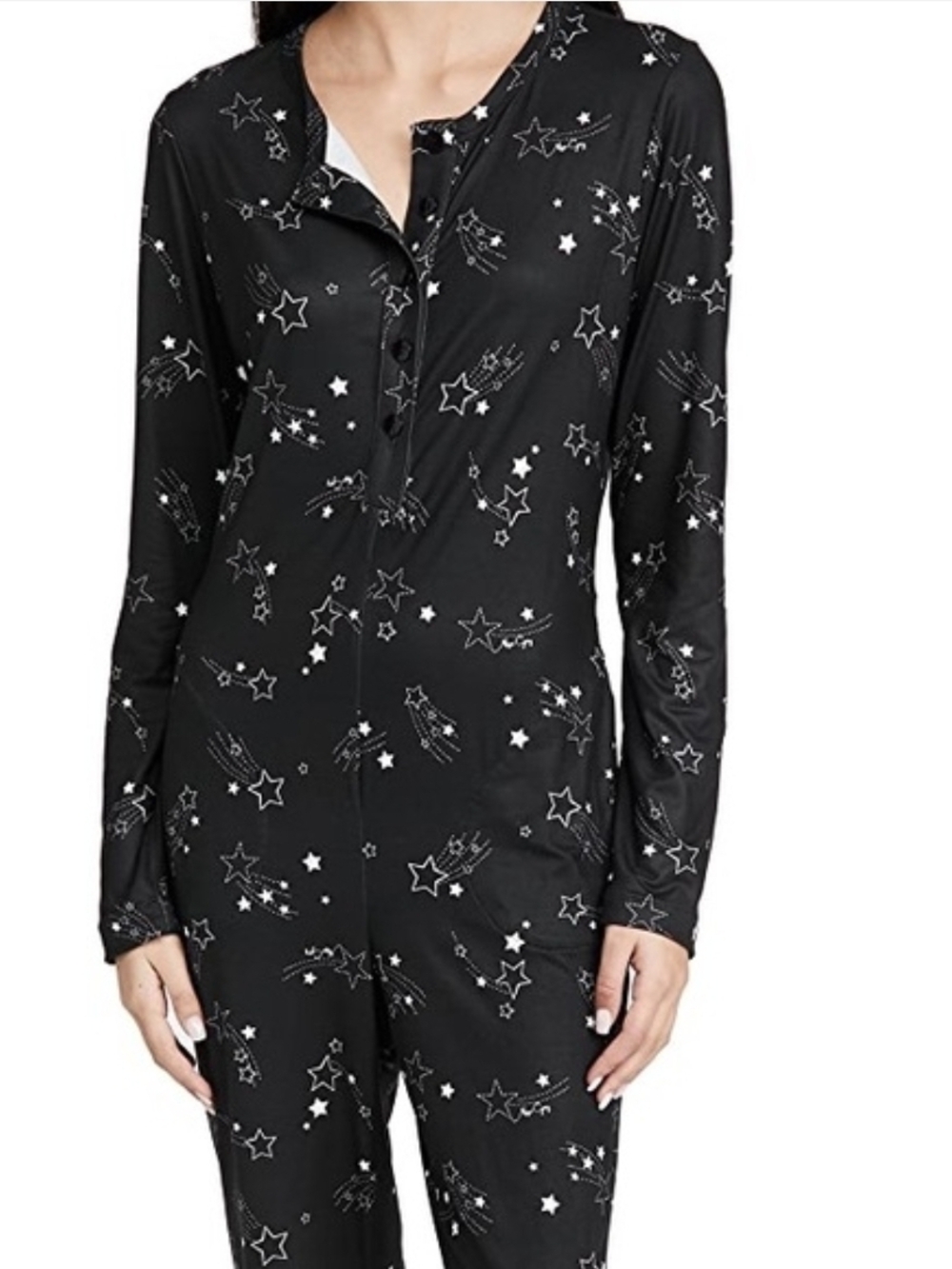 Women's Black Star-Print Long Sleeve Onesie Pajamas